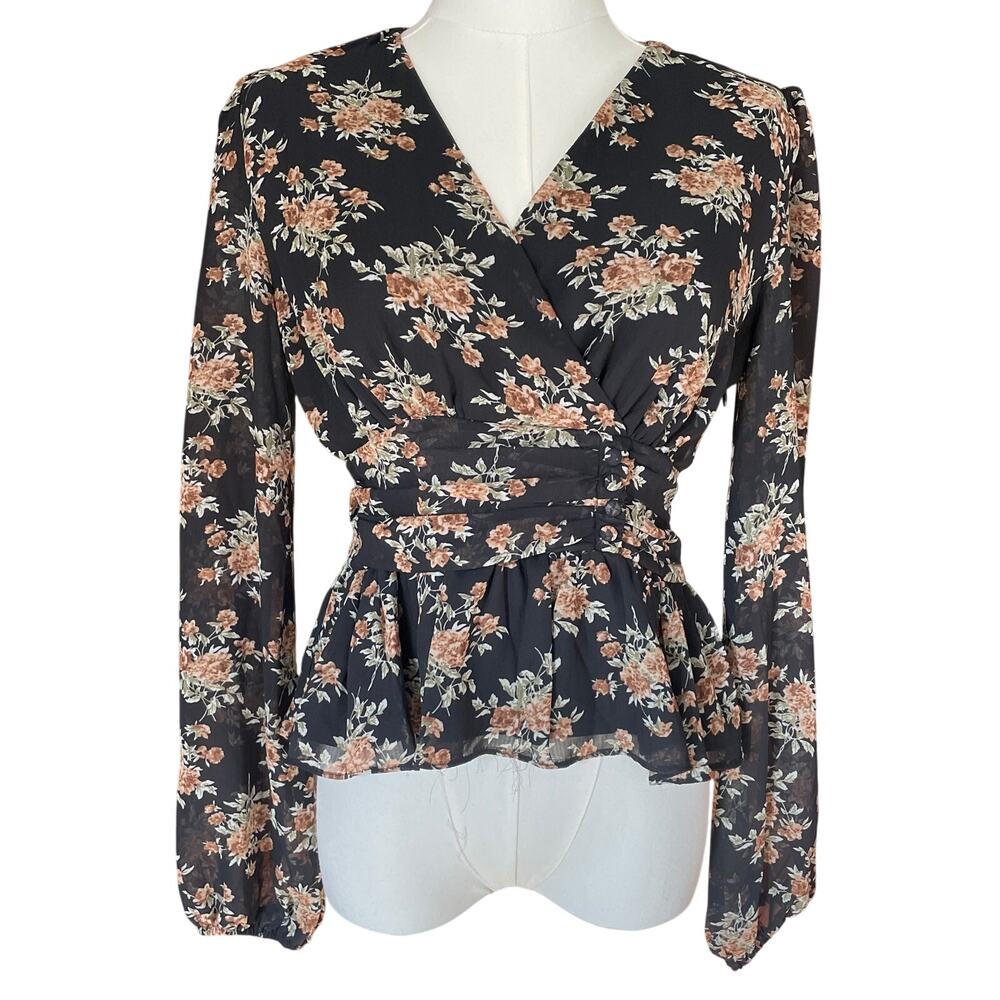 Boho Floral Blouse Faux Wrap Sheer Peplum Whimsigoth Romantic Fairy Size Small